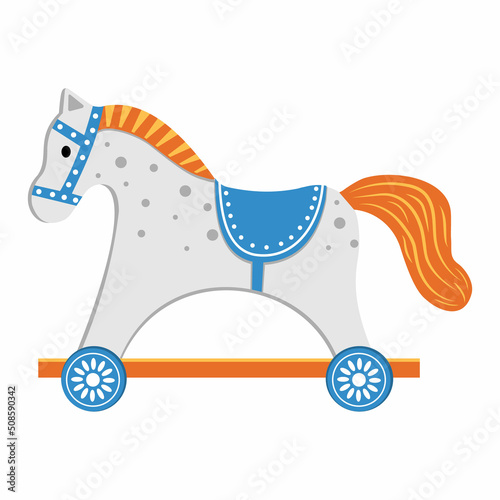 An icon with the image of a children's wooden toy rocking horse. Vector isolated cartoon-style illustration.