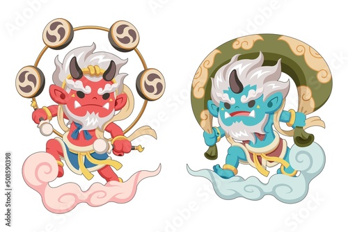 Cute style Japanese gods Raijin and Fujin cartoon illustration 