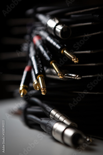 Professional audio cable for sound recording studio. Hi fi cables for musical equipment. Curated collection of royalty free music images and photos for poster design template