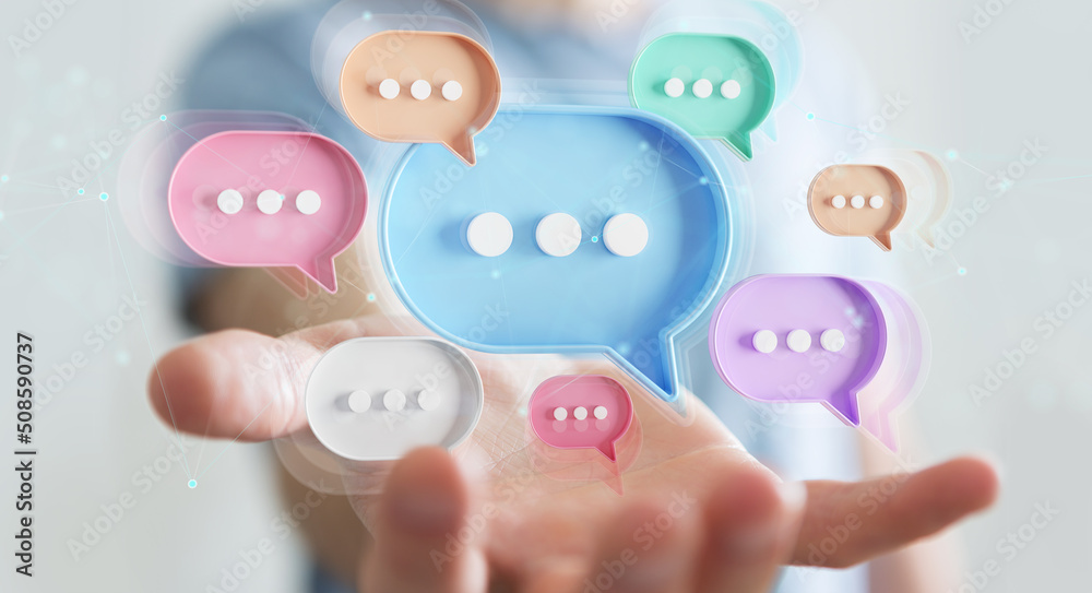 Businessman using digital speech bubbles talk icons. Minimal conversation or social media messages floating over user hand. 3D rendering Businessman using digital speech bubbles talk icons. Minimal conversation or social media messages floating over user hand. 3D rendering