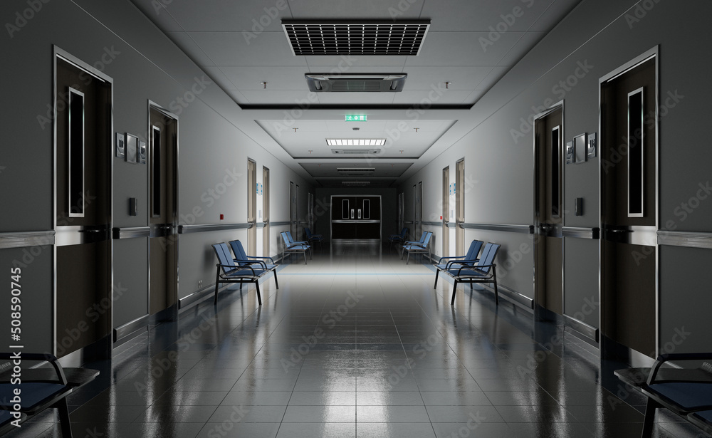 Long dark hospital corridor with rooms and seats 3D rendering. Empty accident and emergency interior with bright lights lighting the hall from the ceiling Long dark hospital corridor with rooms and seats 3D rendering. Empty accident and emergency interior with bright lights lighting the hall from the ceiling