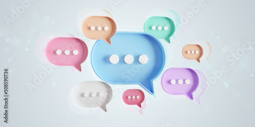 Minimalist blue red orange green purple speech bubbles talk icons floating over grey background. Modern conversation or social media messages with shadow. 3D rendering