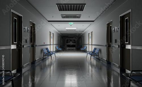 Foto Long dark hospital corridor with rooms and seats 3D rendering