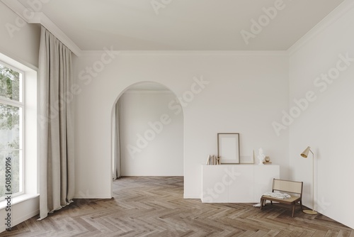 White classic room with an archway for the entrance. Chair and dresser with decor and empty frameand  lamp in the foreground. Wooden parquet on the floor. Mockup for art or product presentation