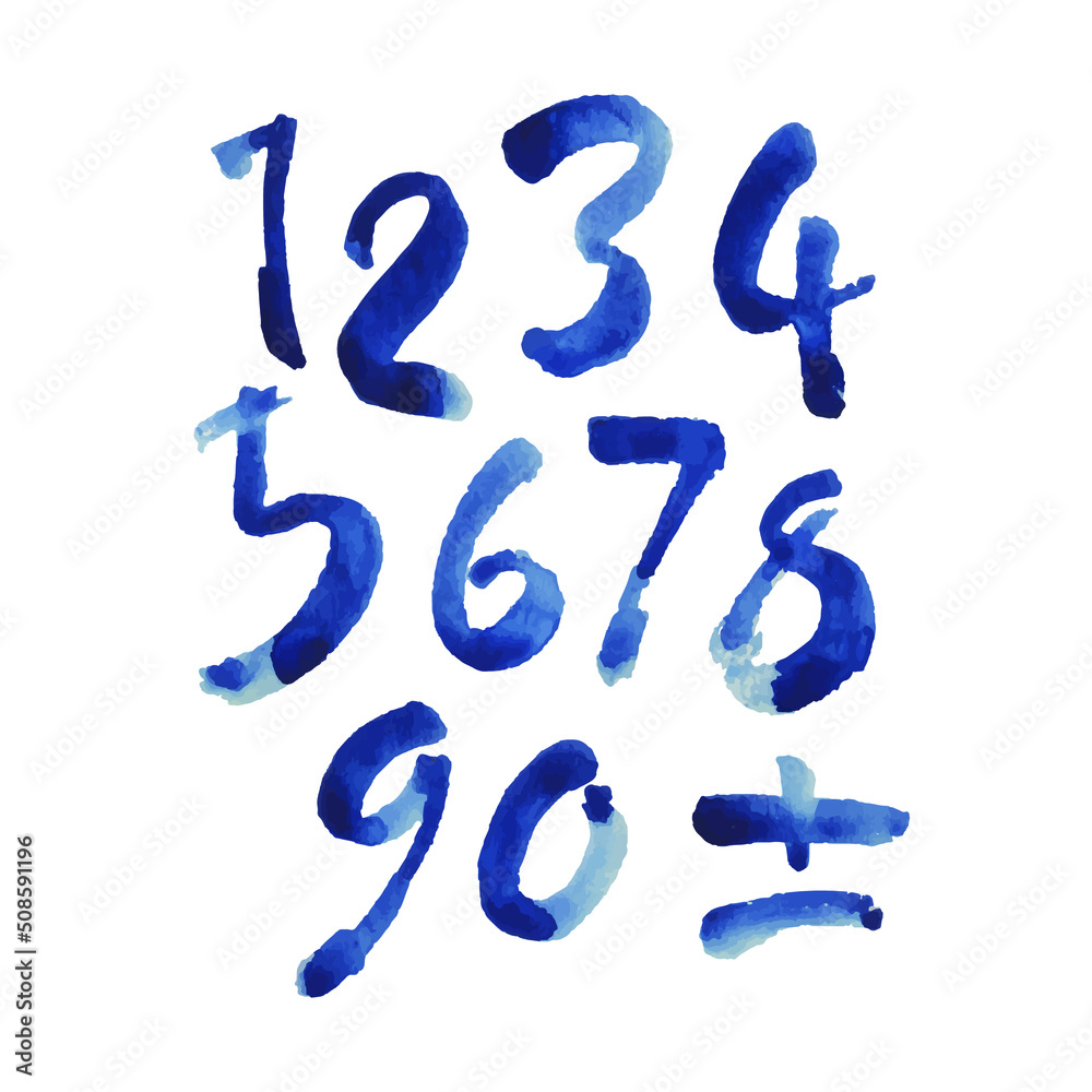 Obraz premium set of calligraphic blue watercolor or ink numbers. ABC for your design, brush lettering on a white background