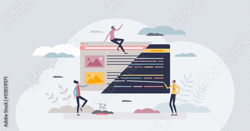 Semantics technology for data processing and categorizing tiny person concept. Artificial intelligence machine tool for discovering relationships within various web data sets vector illustration.