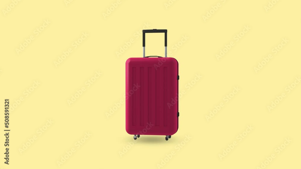 Close up rotating red suitcase, 3D rendering looping Animation, isolated yellow pastel color background.