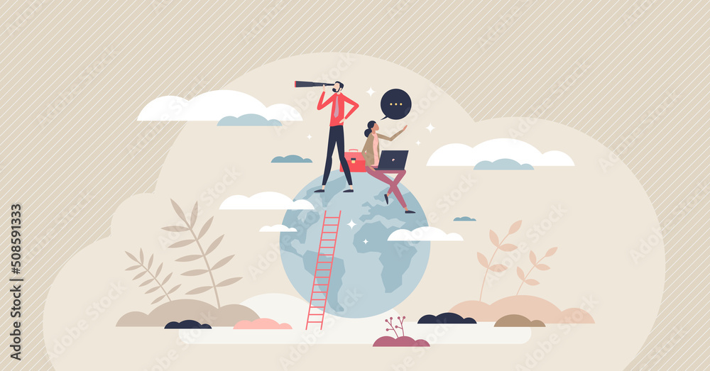 Global opportunity searching for international business tiny person concept. Businessman standing on globe and looking in future goals with high ambitions and reaching target top vector illustration. - obrazy, fototapety, plakaty 