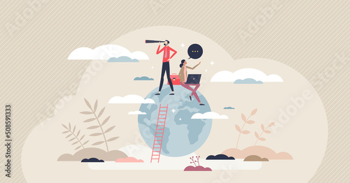 Global opportunity searching for international business tiny person concept. Businessman standing on globe and looking in future goals with high ambitions and reaching target top vector illustration.