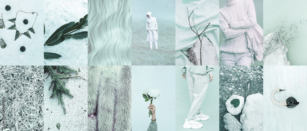 Fototapeta premium Set of trendy aesthetic photo collages. Minimalistic images of one top color. Fashion white moodboard