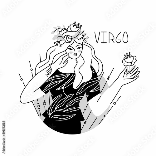 Girl in the image of the zodiac sign Virgo. Beauty astrology. Individual horoscope with beautiful women. Analysis of the characteristics of the date of birth. Flat style in vector illustration.