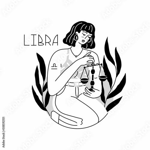Girl in the image of the zodiac sign Libra. Beauty astrology. Individual horoscope with beautiful women. Analysis of the characteristics of the date of birth. Flat style in vector illustration.