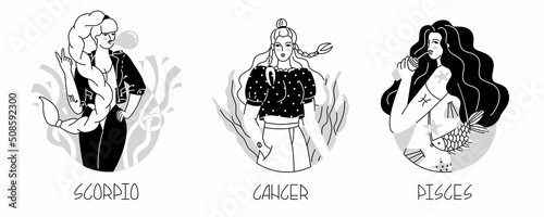 Girls in the form of zodiac signs. Scorpio, Cancer, Pisces. The element of water. Astrology. Fashion women. Lovely, modern girls in daring images. Flat style in vector illustration.