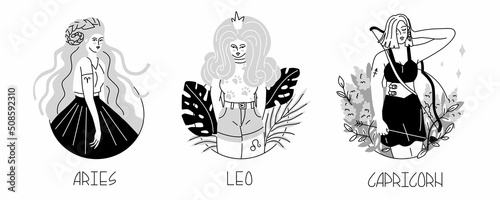 Girls in the form of zodiac signs. Aries, Leo, Capricorn. The element of fire. Astrology. Fashion women. Lovely, modern girls in daring images. Flat style in vector illustration.