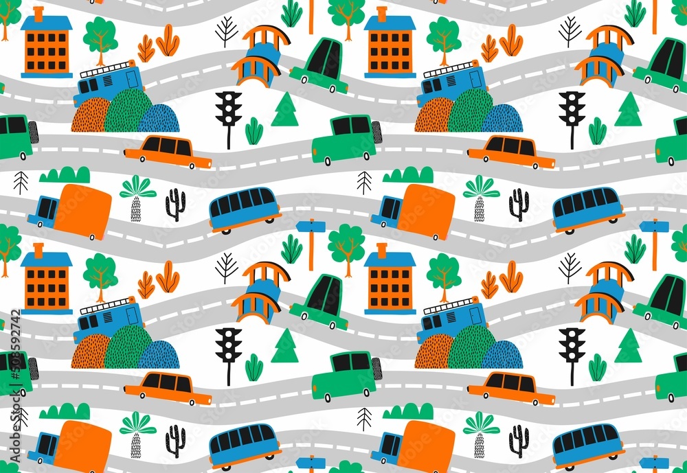 seamless cute car cartoon pattern.
