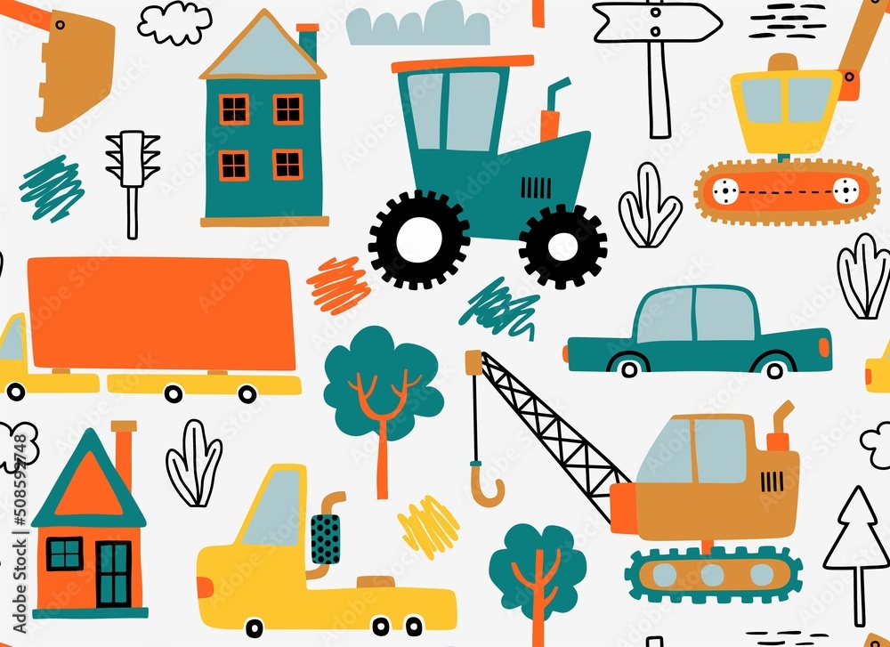 seamless cute car and heavy equipment cartoon pattern. seamless cute car and heavy equipment cartoon pattern.