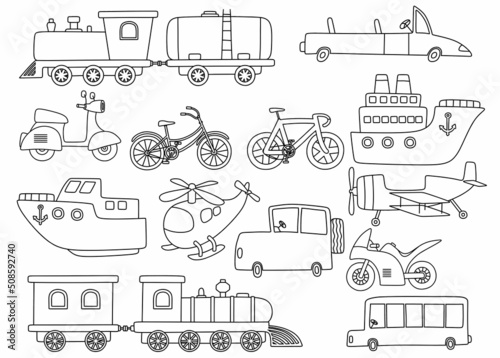 black line doodle set of cute transportation.