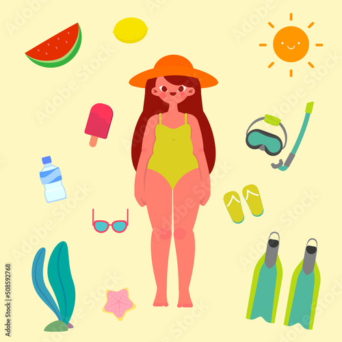 A tanned girl with a hat is sunbathing on the beach after skin diving activity sticker