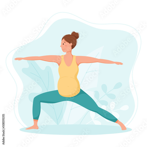 Vector template, pregnant woman doing yoga or gymnastics, virabhadrasana II pose