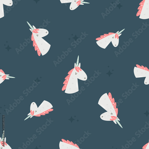 Seamless pattern with cute unicorns. Vector illustration for gift boxes, wrapping paper, holiday decorations, party.