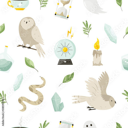 Seamless pattern with magic items, symbols and tools.