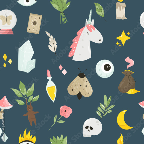 Seamless pattern with magic items, symbols and tools.