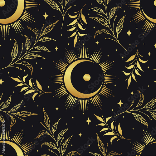 Gold seamless pattern and boho astrology. Mystical and bohemian symbols of the crescent and stars.