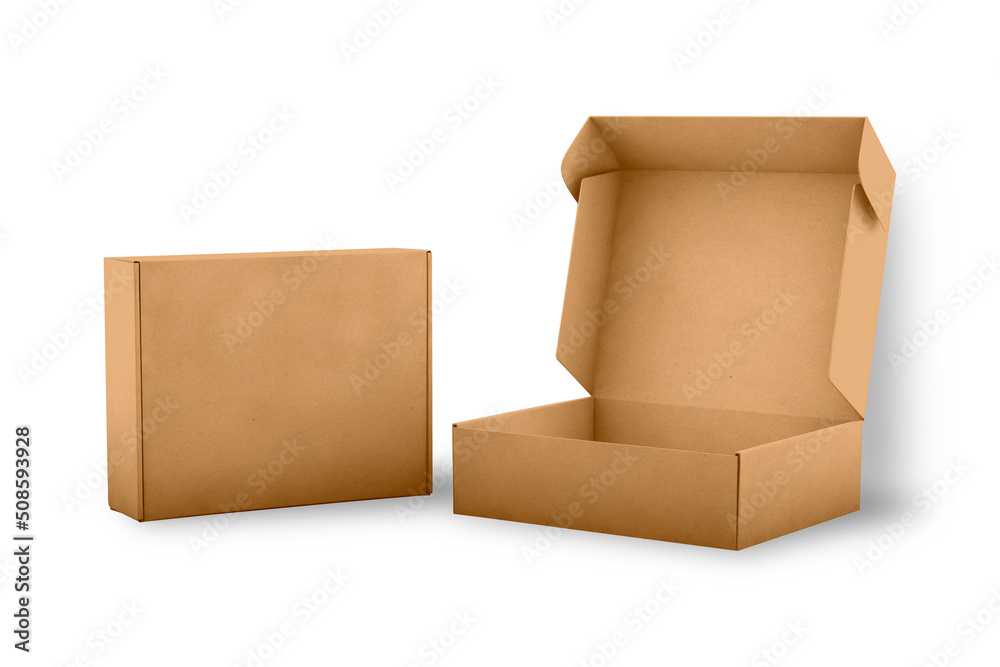 Two closed and open brown kraft cardboard delivery shipping box mockup ...