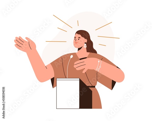 Confident woman speaker speaking behind podium. Public speech, eloquence concept. Professional orator, good lecturer, coach at rostrum, lectern. Flat vector illustration isolated on white background photo
