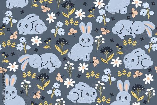 Seamless pattern with cute rabbits and flowers.Vector graphics.