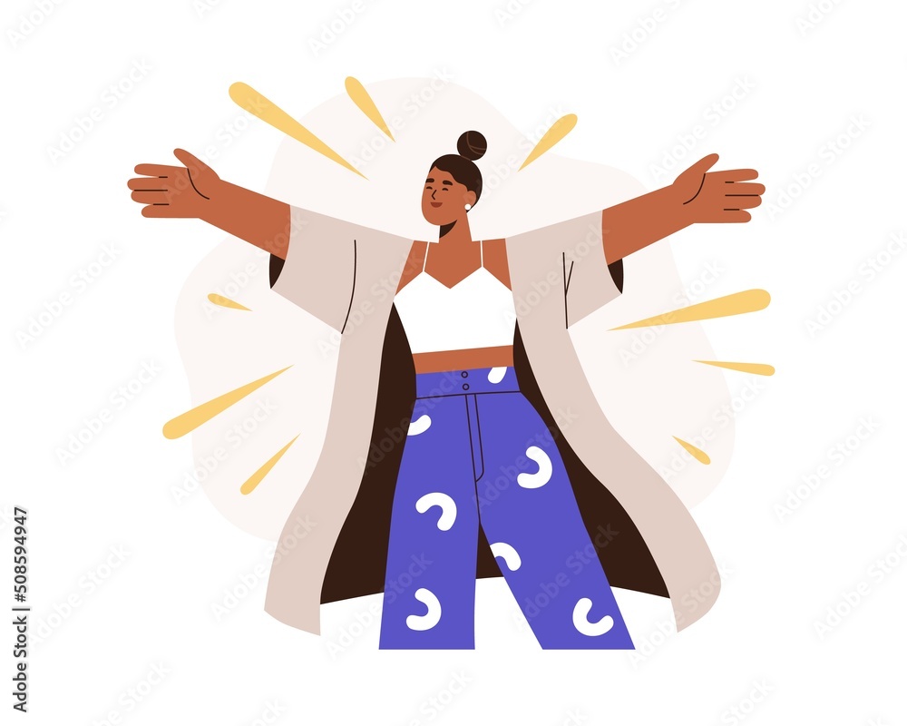Fototapeta premium Happy friendly emotional woman hugging, welcoming. Open-minded excited positive female extrovert. Extraversion, openness, hospitality concept. Flat vector illustration isolated on white background
