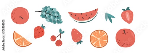 Summer fruit set. Retro hand drawn banner.