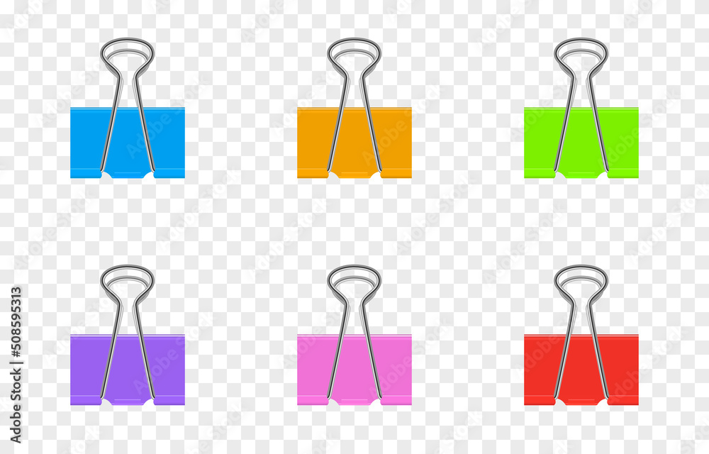 Set of vector paper clips png. Paper clips in different colors. Steel office supplies on an isolated transparent background. PNG. - obrazy, fototapety, plakaty 