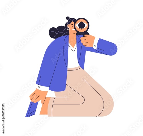 Business woman, HR specialist looking for staff. Employer with magnifier searching, finding personnel. Analysis, vision and strategy concept. Flat vector illustration isolated on white background