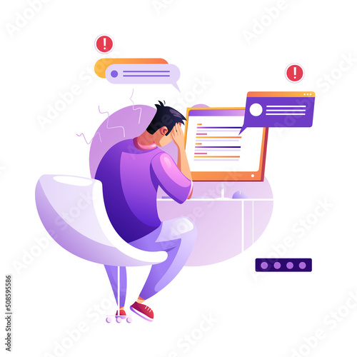 The irritable programmer did not cope with the task. Development of programming and coding technologies. A screen with codes, a developer working with a task. Isolated vector illustration.