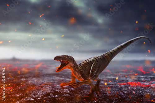 Photographie Dinosaurs 3d rendering, velociraptors on top mountain