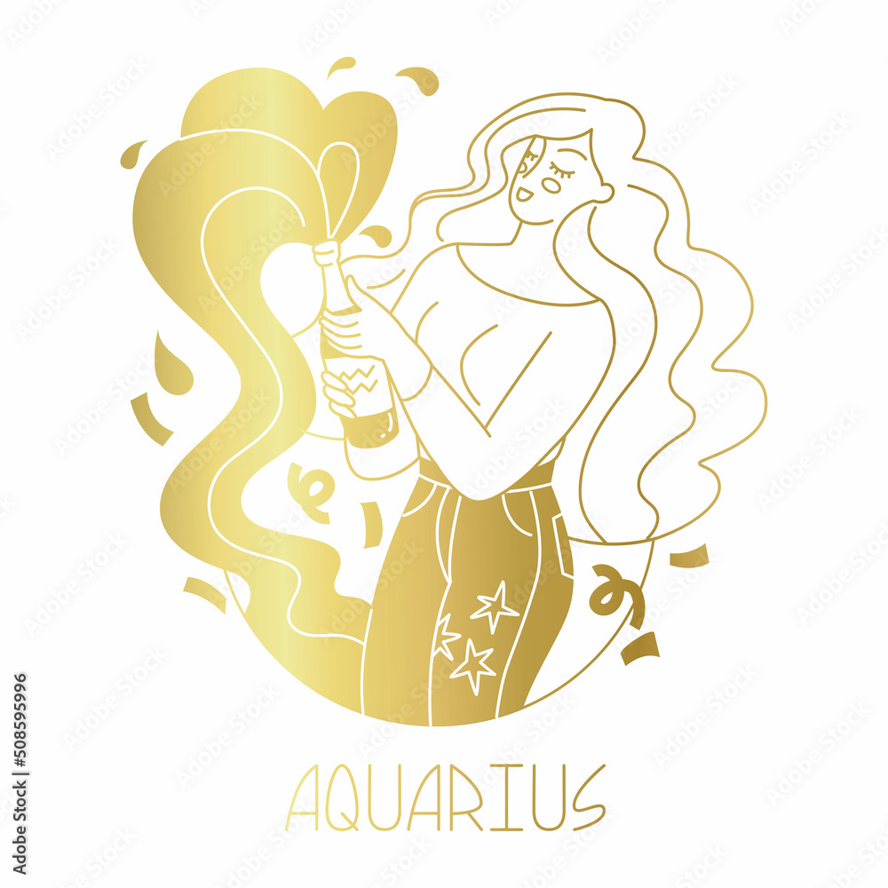 Girl in the image of the zodiac sign Aquarius. Beauty astrology. Individual horoscope with beautiful women. Analysis of the characteristics of the date of birth. Flat style in vector illustration.