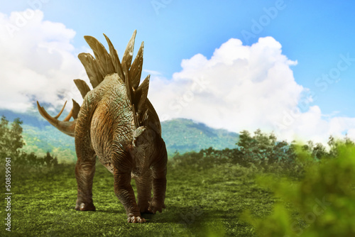 Fototapeta Naklejka Na Ścianę i Meble -  Dinosaur 3d rendering, Stegosaurus in the jungle