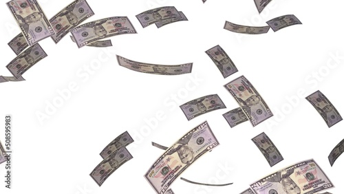 50 Dollar bills falling down. Banknotes isolated on white background. Jackpot or lottery prize. Business.	 photo