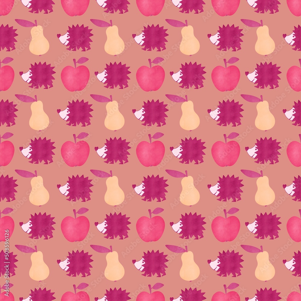 Fototapeta premium Autumn seamless hedgehog and pears and apples pattern for fabrics and packaging and gifts and kids