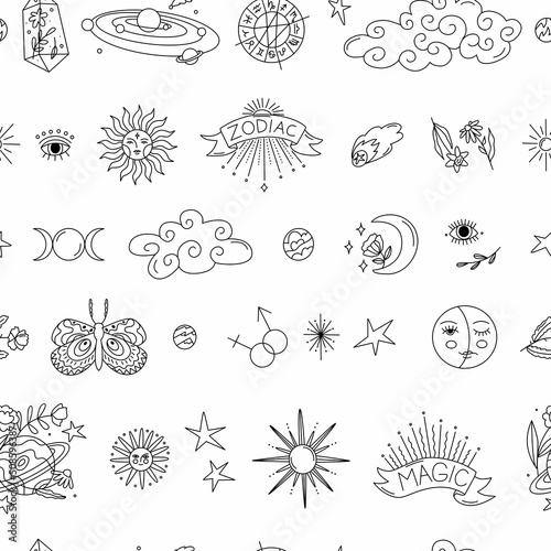 Astrological seamless pattern. Astro Decor for natal chart and horoscopes. Zodiac signs. Esoteric design for paper and textile. Line art in vector illustration.