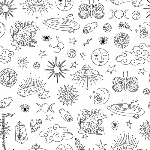 Astrological seamless pattern. Astro Decor for natal chart and horoscopes. Zodiac signs. Esoteric design for paper and textile. Line art in vector illustration.
