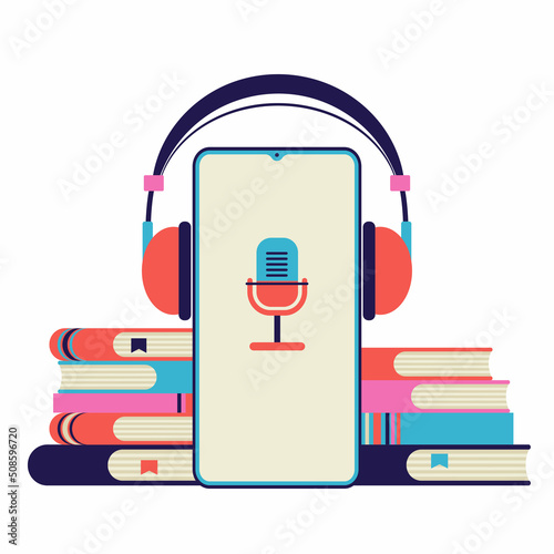 smartphone with headphones and books