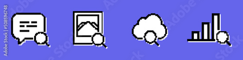 Search data icon set. Search photo, message. Magnify glass. Pixel style. Vector line icon for Business and Advertising
