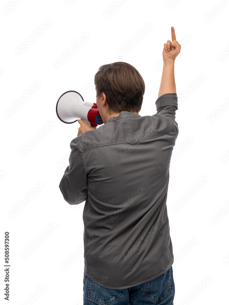 people and human rights concept - man with megaphone protesting on demonstration and showing middle finger over white background people and human rights concept - man with megaphone protesting on demonstration and showing middle finger over white background