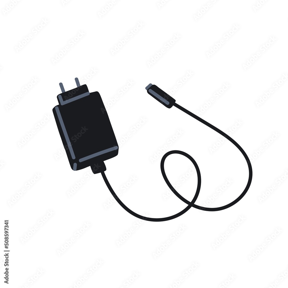 USB phone charger with cable and adapter. Portable mobile power supply with wire, connector and plug. Charging item for smartphone. Flat vector illustration isolated on white background USB phone charger with cable and adapter. Portable mobile power supply with wire, connector and plug. Charging item for smartphone. Flat vector illustration isolated on white background
