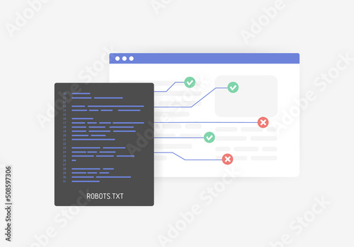 Robots.txt for SEO - controlling crawling and indexing website concept. Create crawlable web pages for search engine robots vector illustration. 