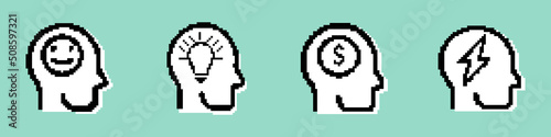 Human head thinking icon set. New idea, money, electric. Pixel style. Vector line icon for Business and Advertising