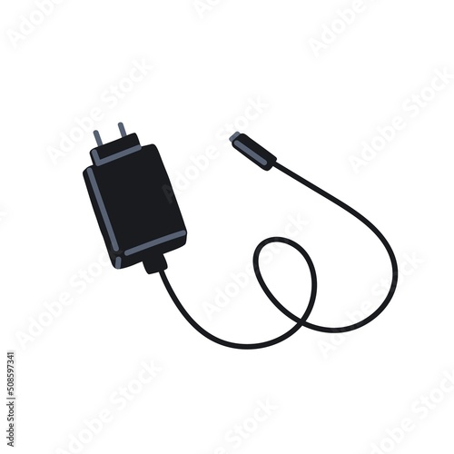 USB phone charger with cable and adapter. Portable mobile power supply with wire, connector and plug. Charging item for smartphone. Flat vector illustration isolated on white background