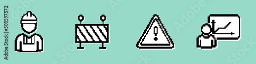 Road repair icon set. Builder, information road sign, under construction road sign. Pixel style. Vector line icon for Business and Advertising